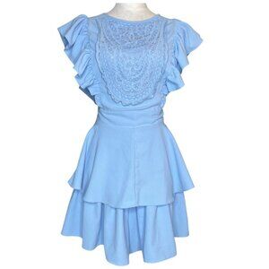 Women's Baby Blue Lace Bust Ruffled Sleeve Layered Hem Romper Waist Tie XXL